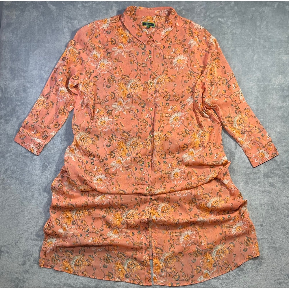 C. Wonder Shirt Dress Womens 24W Peach NWOT Floral Button Down Long Sleeve Dress